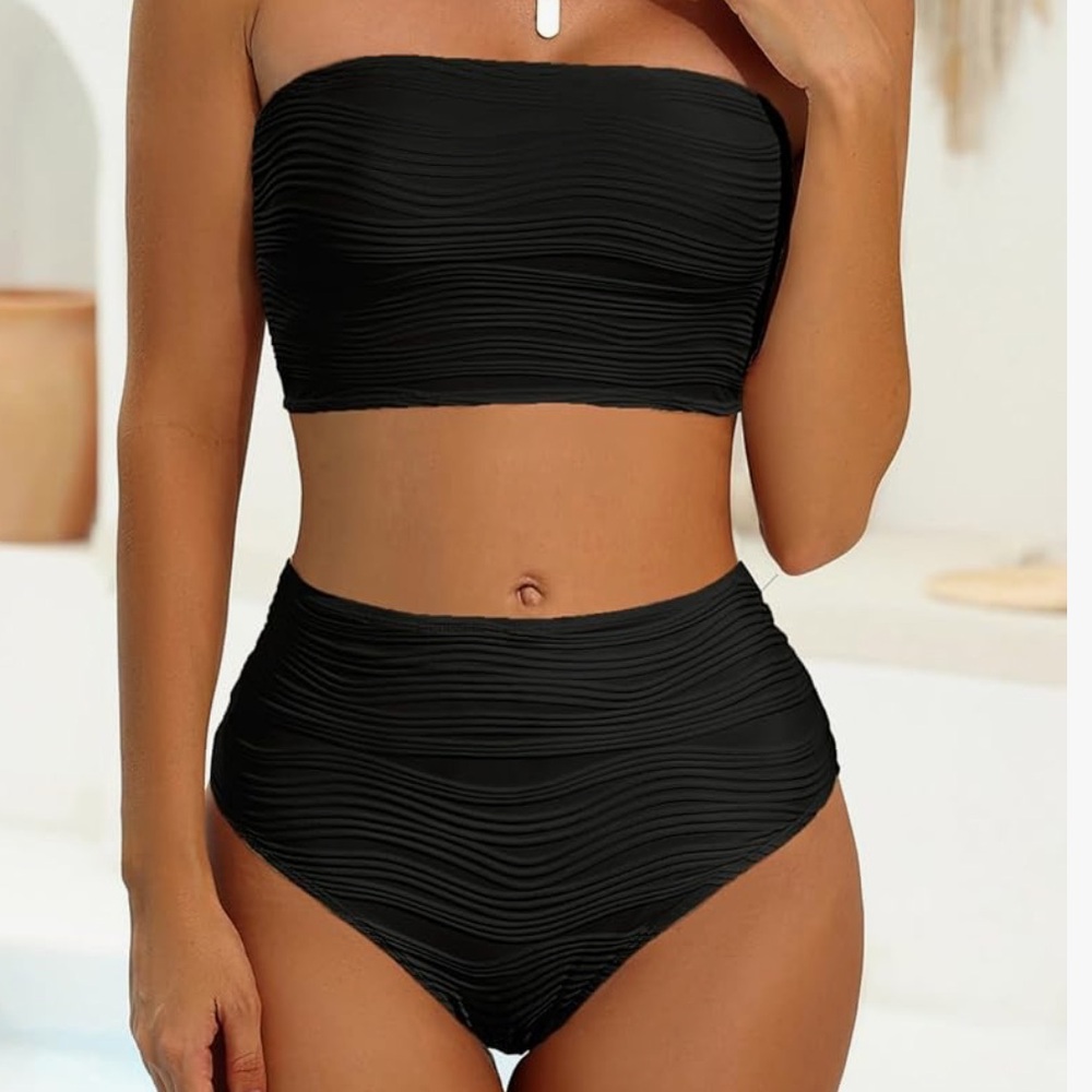 Black Bandeau High-Waisted Bikini Set